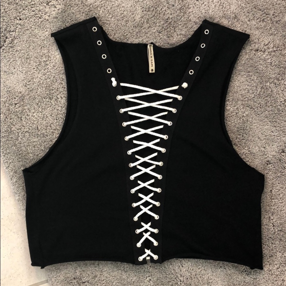 LF Emma & Sam black crisscross lace up crop top